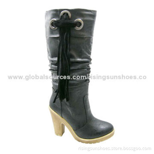 Women's dress boots, Lamb Skin Upper, Platform + High-heeled Design, Fringes Decorated on Shaft